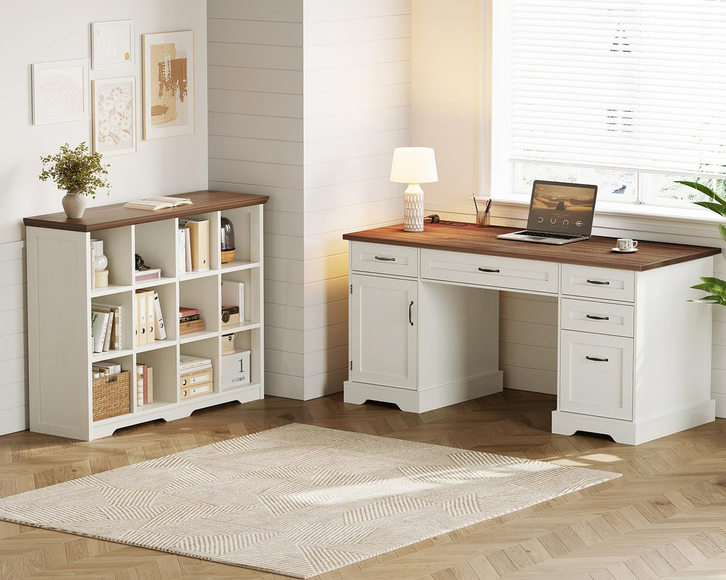 12 Cube Organizer Bookcase, Cube Shelf with Storage, Walnut + White