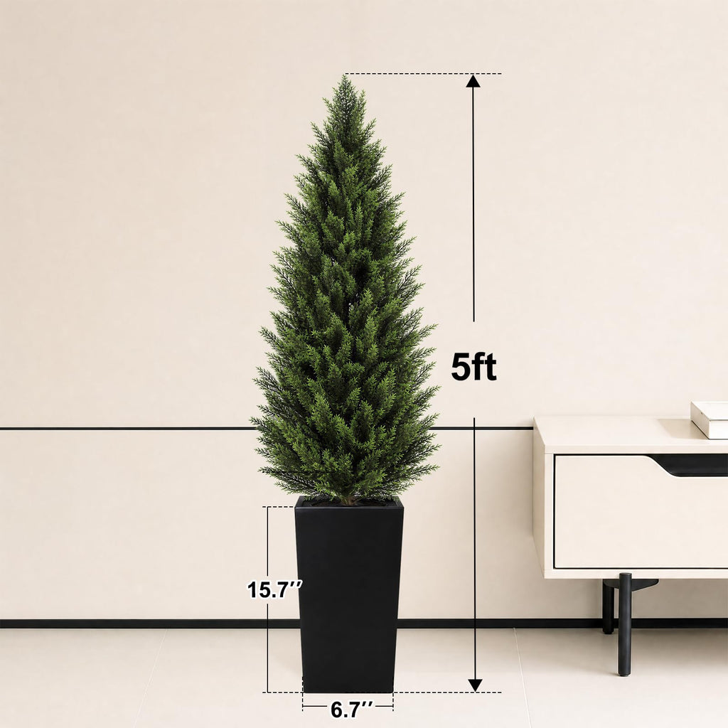5FT Artificial Cedar Topiary Trees 2 Pack, Faux Cypress Plants with Black Square Planters, UV Resistant Outdoor
