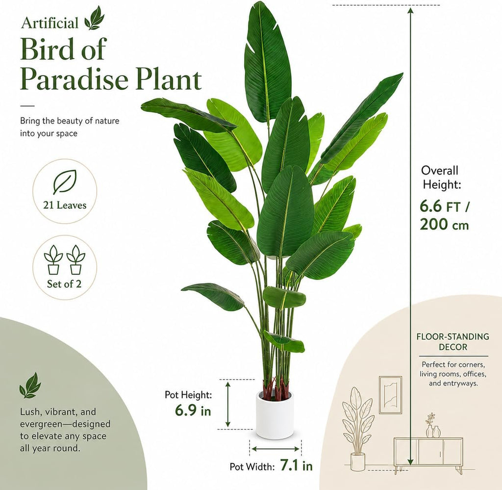 Bird of Paradise Artificial Plant 6.6 ft Tall Faux Banana Leaf Tree, 2 Pack