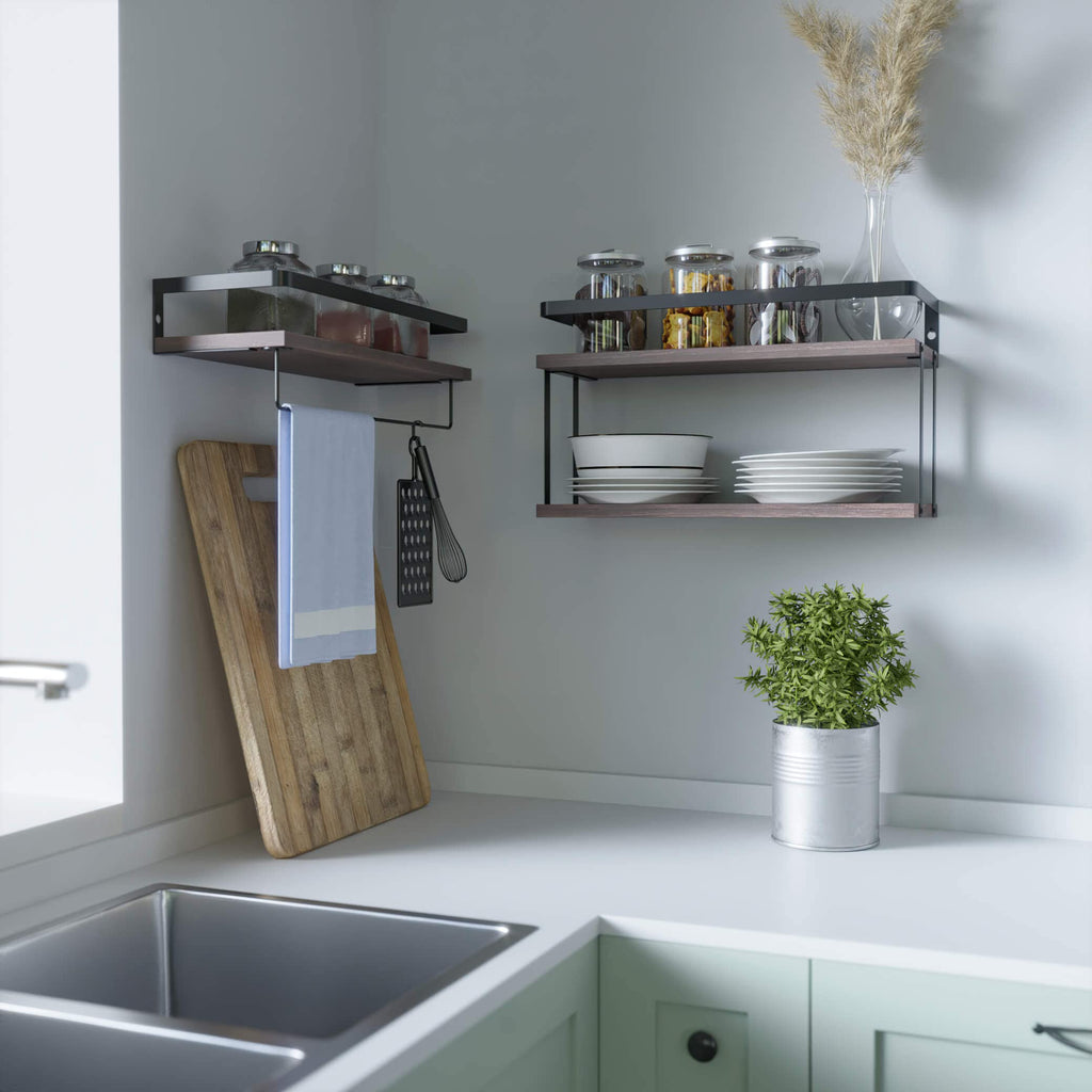 2+1 Tier Wall Mounted Floating Shelves Set of 2, Rustic Wood Shelf with Metal Frame, Extra Storage Rack with Tissue