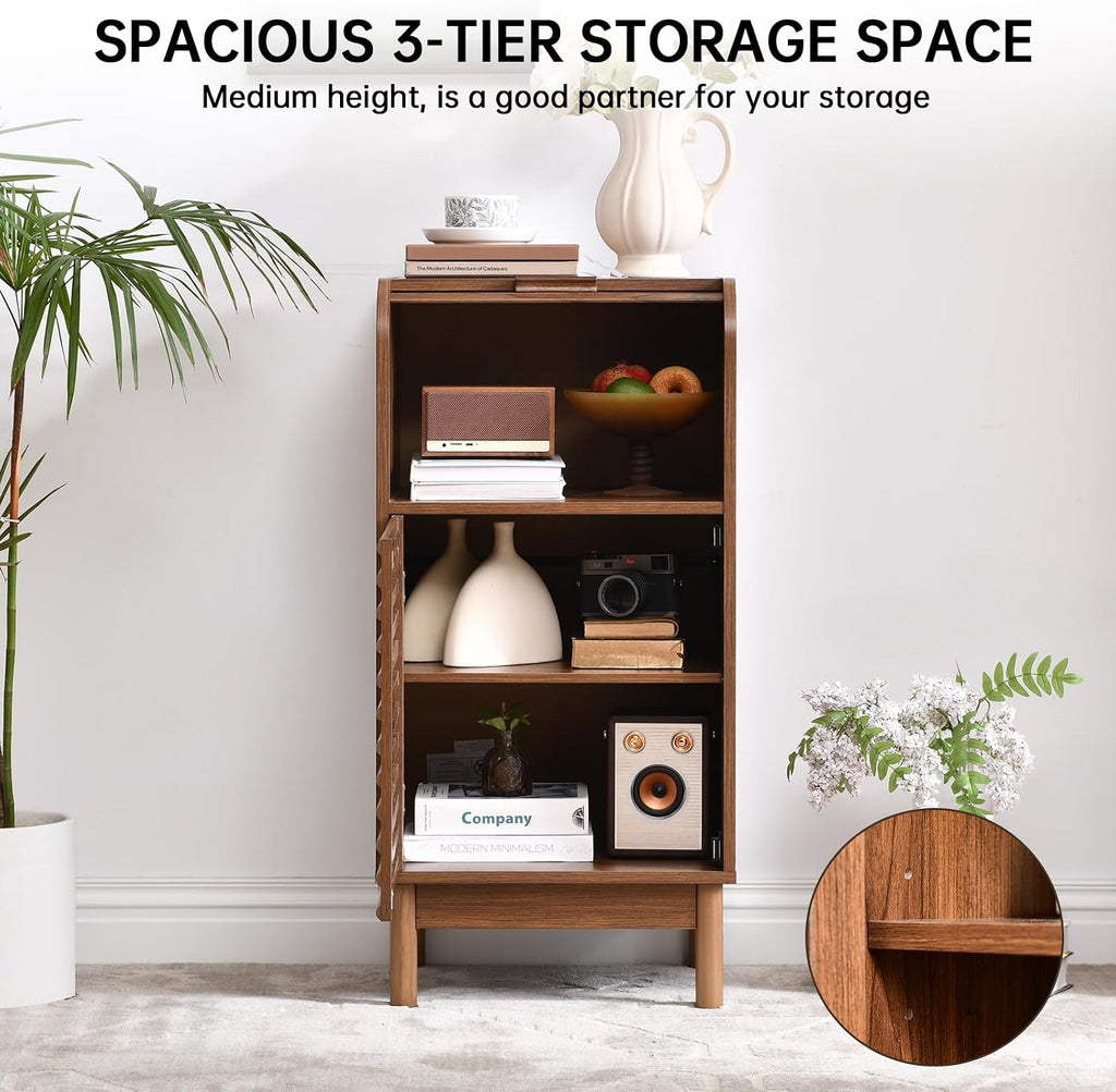 Modern Single-Door Accent Cabinet with Curved Roll-Top and Slatted Door Design, Tall Narrow Storage Cabinet , or Home