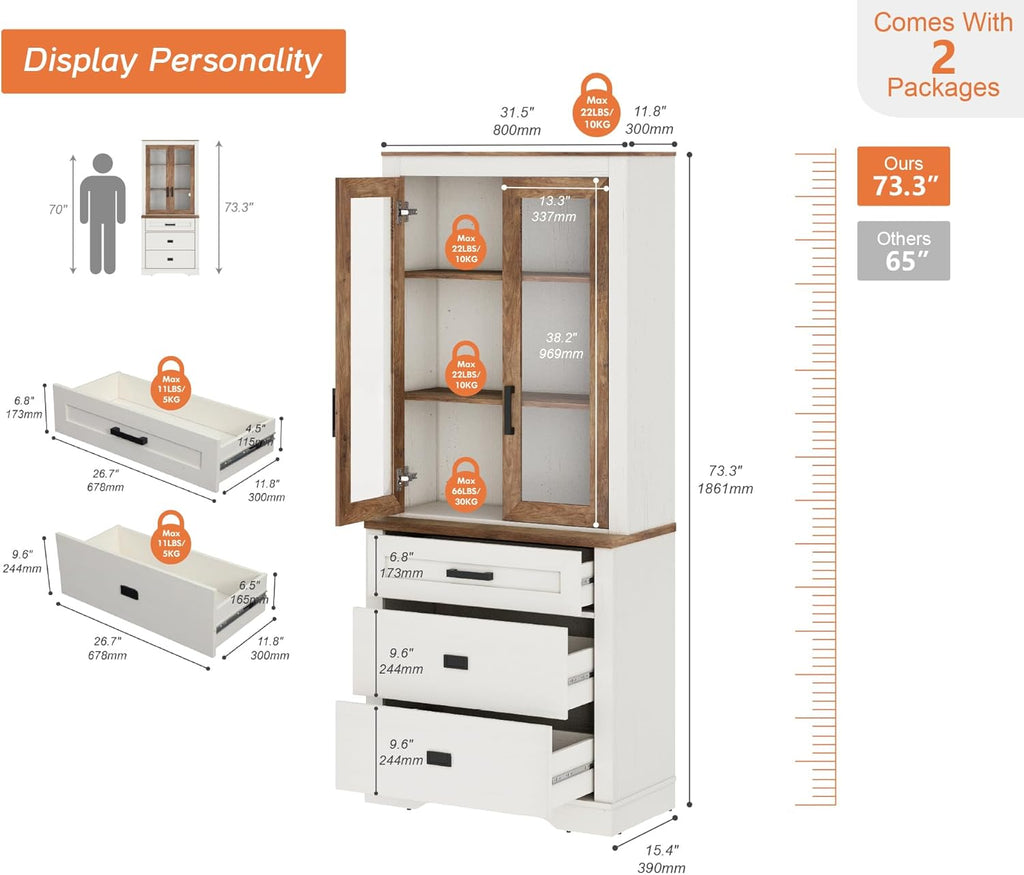 73.3" H Farmhouse-Style Bookcase w/Tempered Glass Doors&File Drawers | Large Capacity,File Drawers,Adjustable