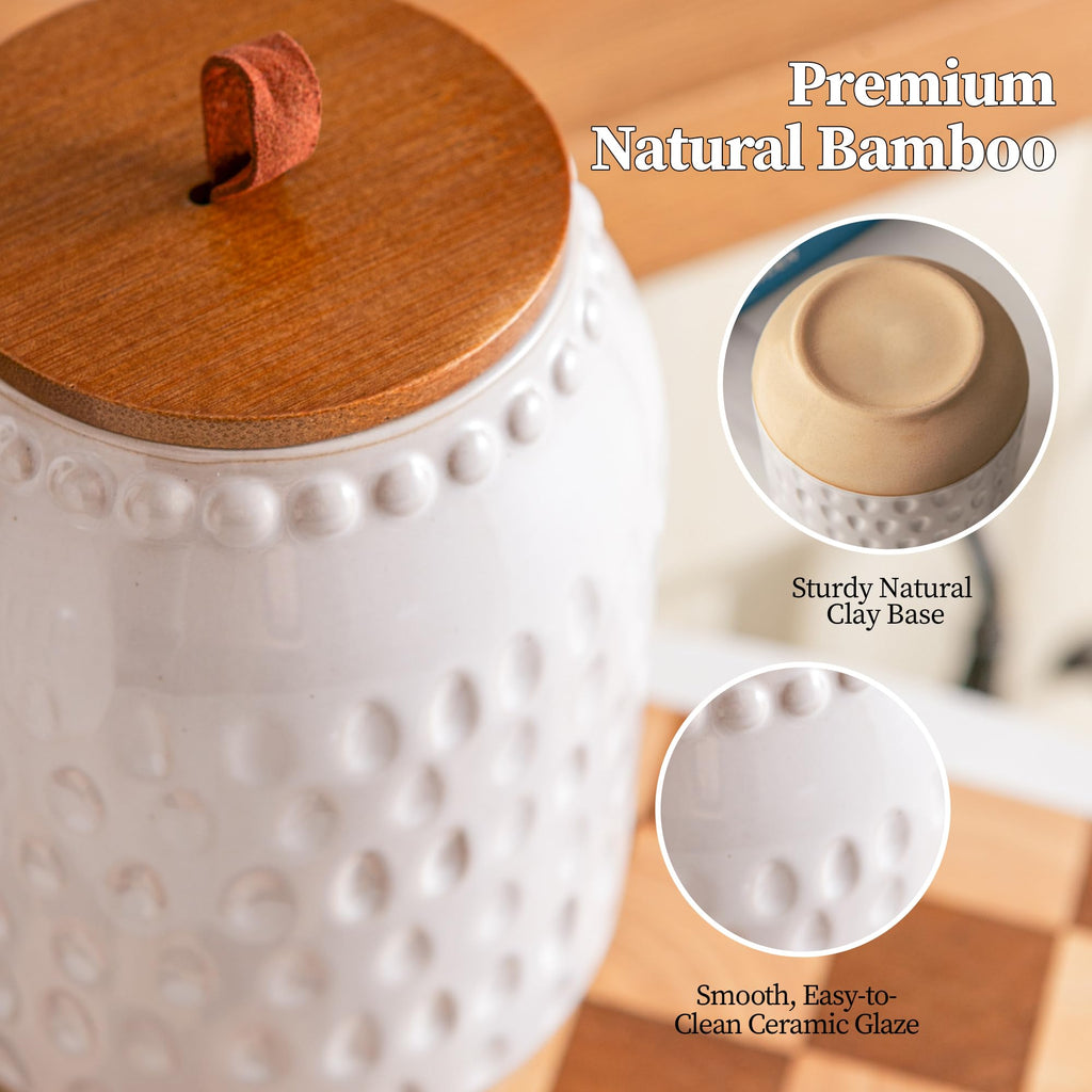 Ceramic Canister Set, 3-Piece White Jars with Bamboo Lids