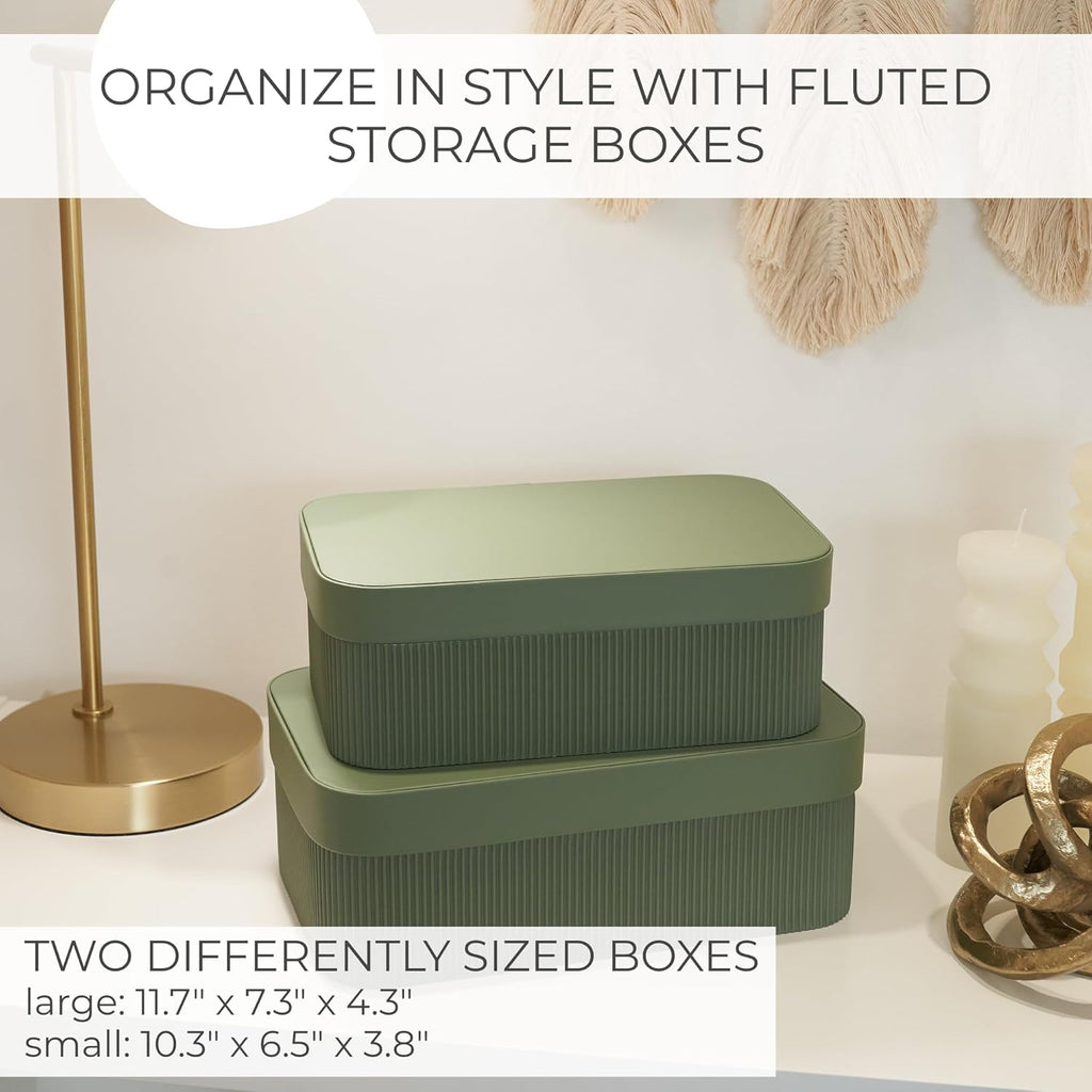 Decorative Storage Boxes with Lids Fluted Photo Organizer Bins - Set of 2