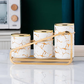 Ceramic Canister Set Countertop - A Kitchen Canisters with Tiered Shelf, Airtight Countertop Flour and Sugar - Set of 3