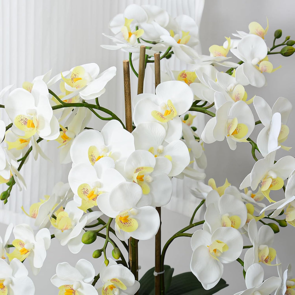 Artificial Orchid Flowers & Plants Potted in Ceramic Pot, White Faux Phalaenopsis Orchids for Table Centerpiece
