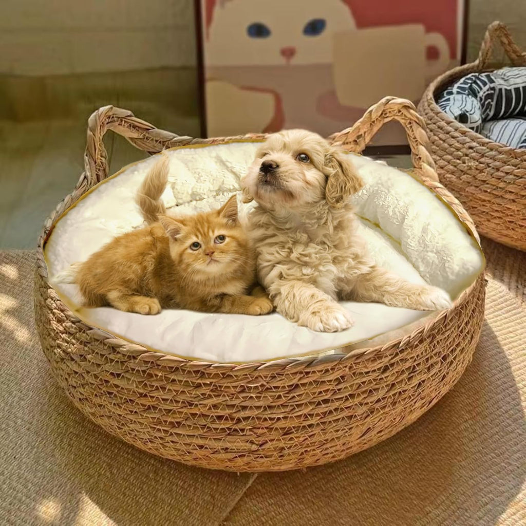 Natural Cat Bed Straw Nest Woven Pet House Braided Cattail Leaf with Soft Cushion 17 x 17 Inches