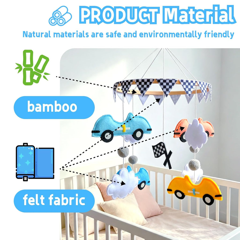 Felt Race Car Baby Crib Mobile, Wooden Hanging Nursery Decor for Baby Boys