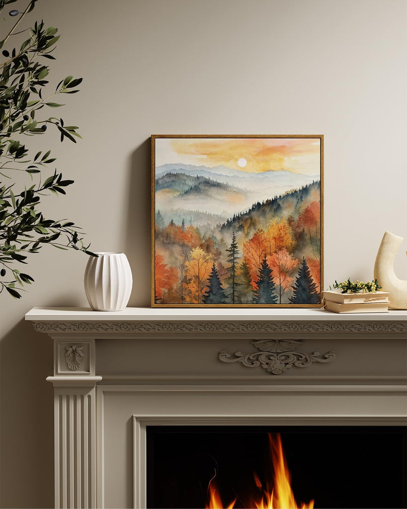 Square Framed Canvas Wall Art, Farmhouse Nature Scenery Quiet Forest Awakening Wall Art Prints, Autumn Fall Classical