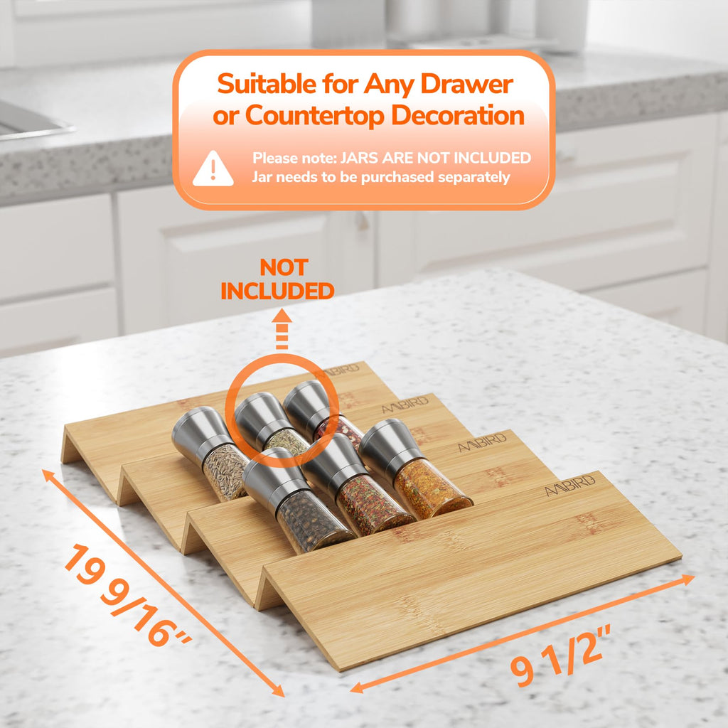Bamboo Spice Drawer Organizer with Non-slip Mat,4 Tier Jar Spice Rack Tray 9.5'',Seasoning Organizer