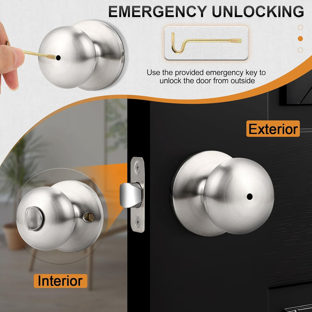 Keyless Privacy Door Knobs 6 Pack Brushed Nickel Door Knobs, No Key, Stainless Steel Interior Bed/Bath Lock Set