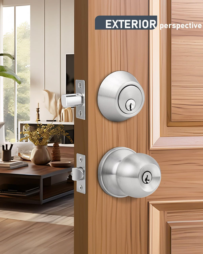 3 Pack Keyed Entry Door Knob and Single Cylinder Deadbolt Combination Set in Satin Nickel, Exterior Door Knob with