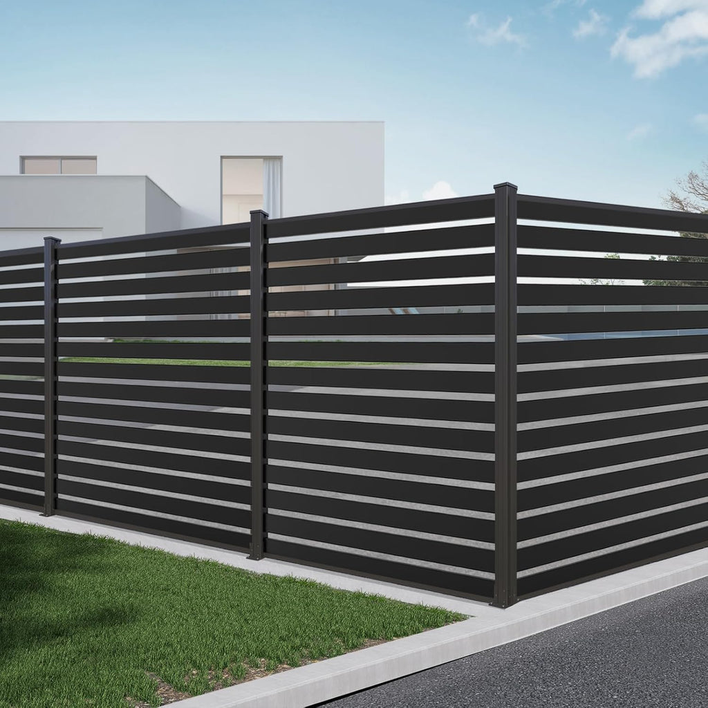 Aluminum Privacy Fence Panels for Outside, 6ft x 6ft Horizontal Metal Fencing with 1 No-Dig Post, Rustproof & Wind
