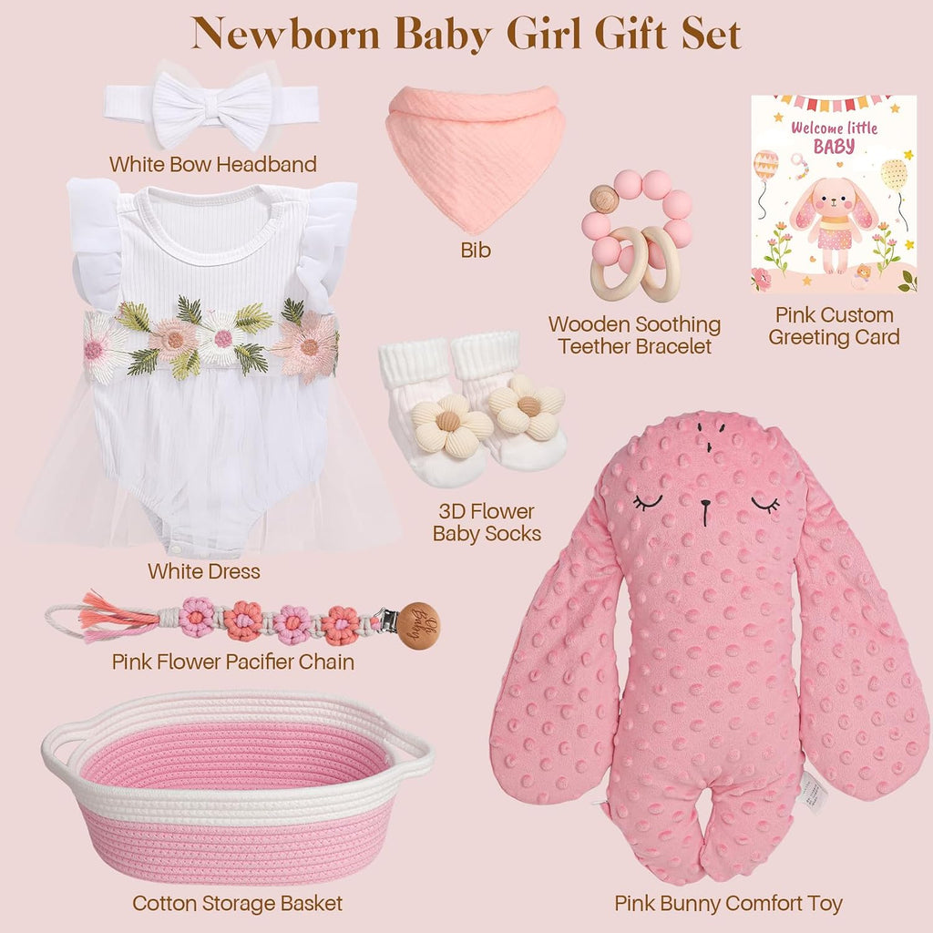 Baby Girl Gifts Basket - Newborn Baby Girl Essentials Set with Dress Pink Bunny Comfort Toy,Pacifier Clip,Baby