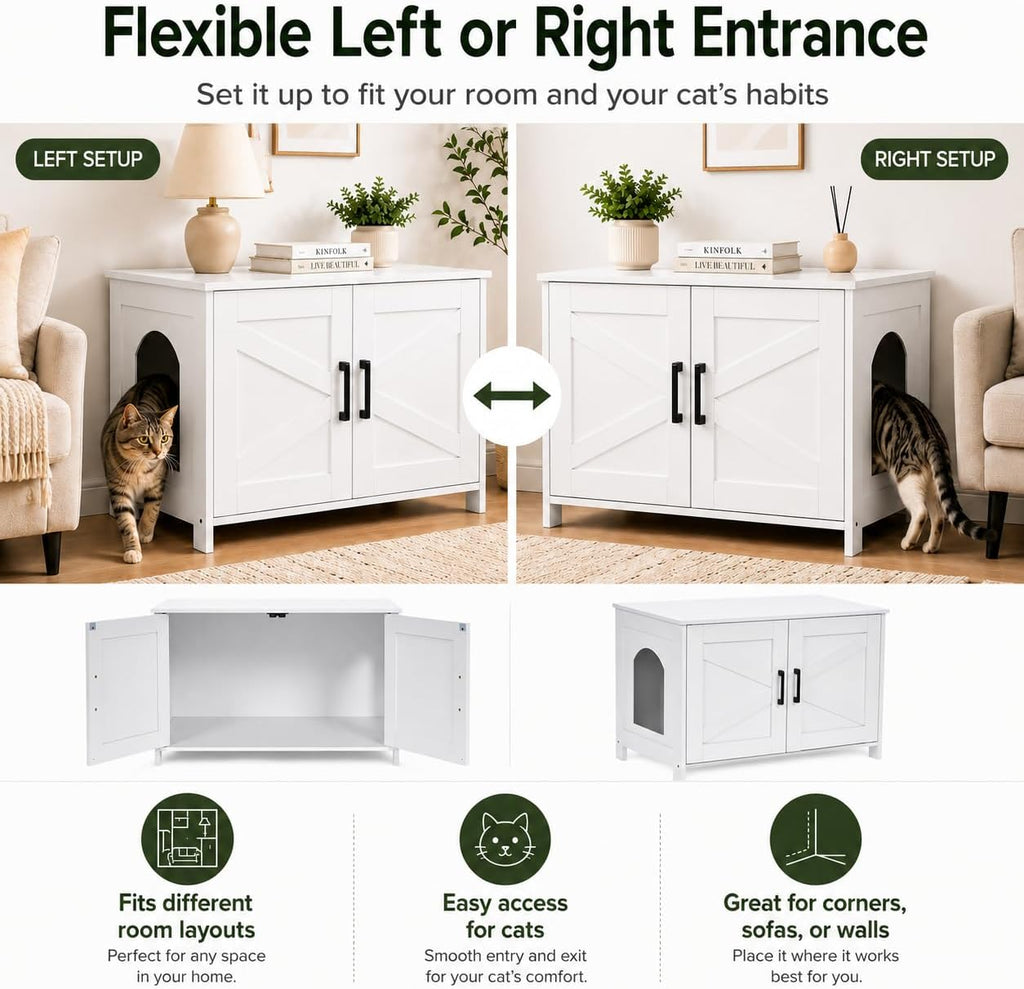 31.5" L Cat Litter Box Enclosure with Barn Door, White