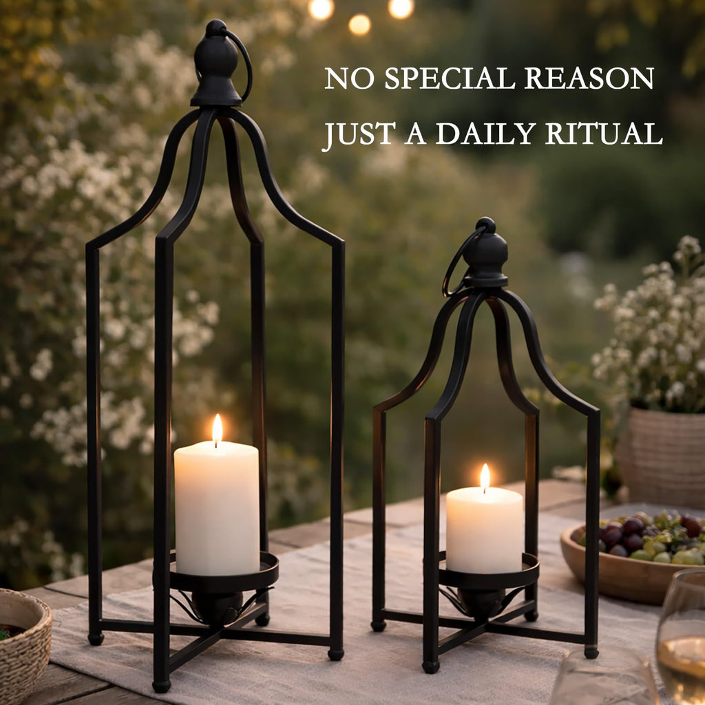 12.5" & 16.5" Timeless Cozy Decorative Lanterns Set of 2, Handcrafted Metal Iron Candle Holders, Farmhouse Elegance