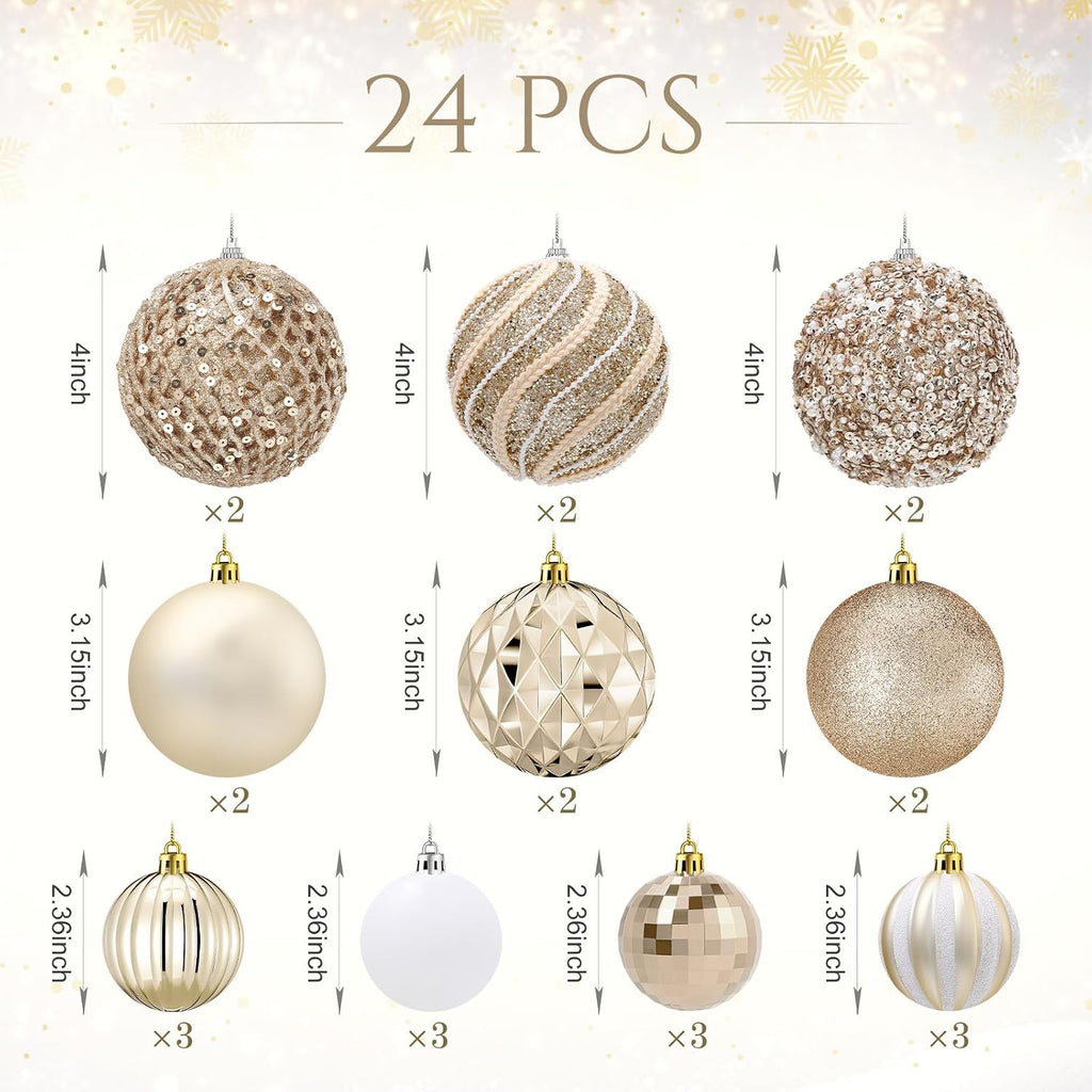 24 Pcs Large Champagne Gold Christmas Ball Ornaments, 4''-2.36''