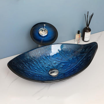 23"x14" Blue Bathroom Vessel Sink, Leaf Shape Tempered Glass Sinks And Faucet Combo