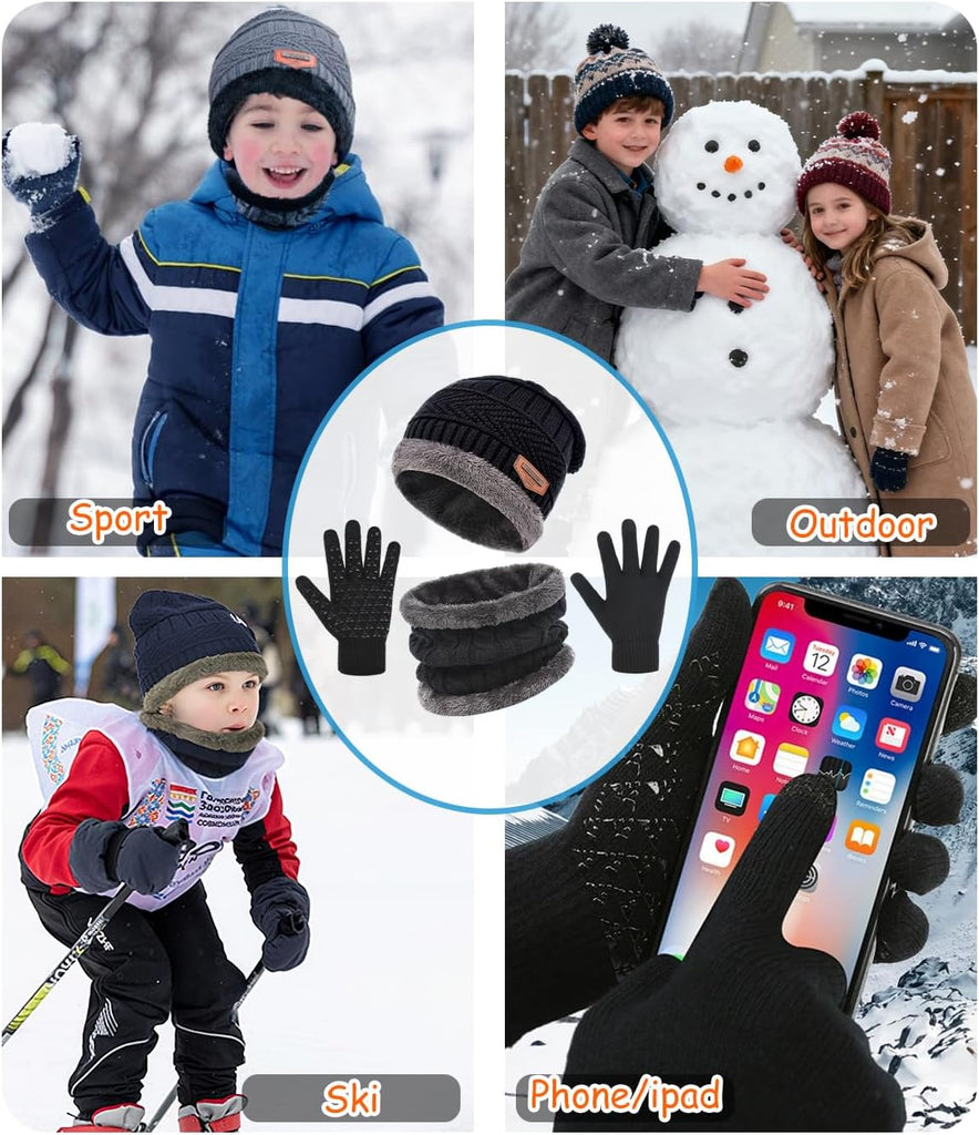 Kids Winter Hat Scarf&Touchscreen Gloves Set,Knitted Beanie with Fleece Lining, Neck Warmer for Boys Girls