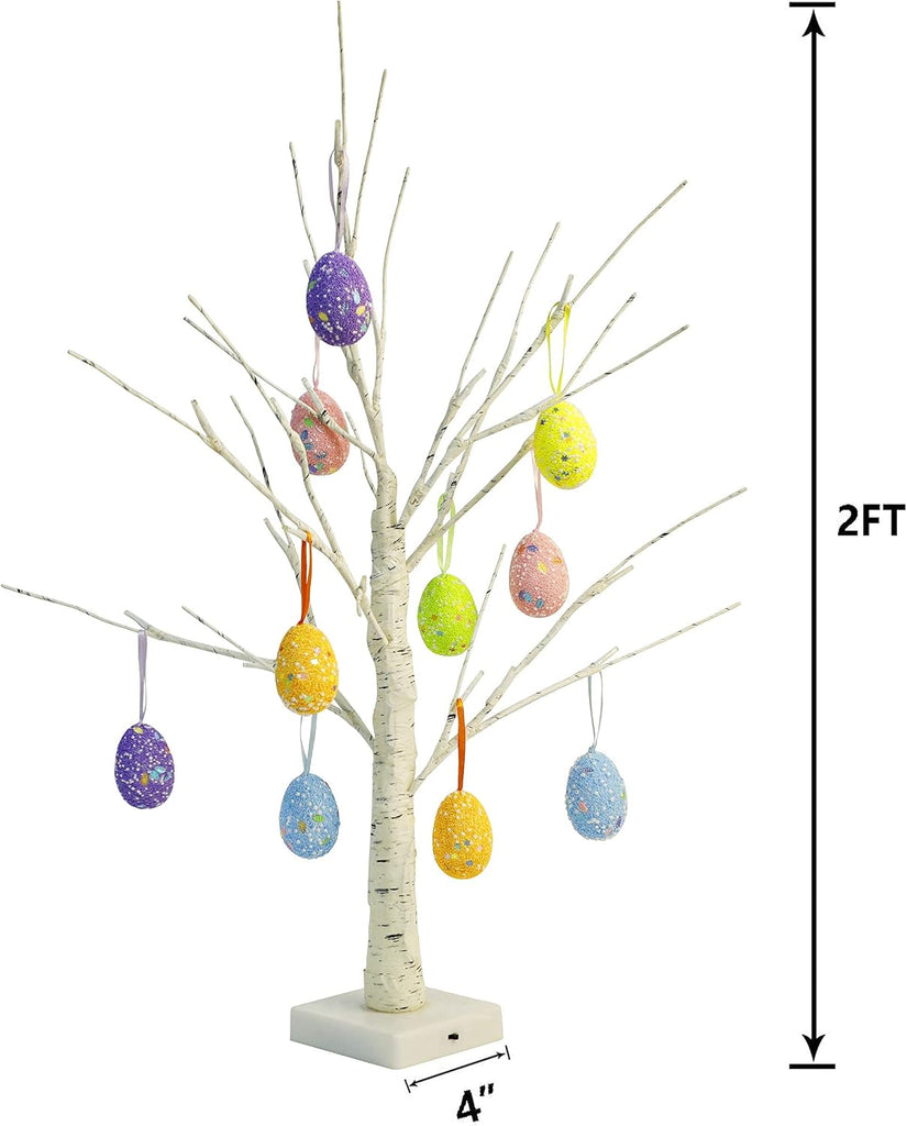 Easter Decorations 24 Inch Pre-lit White Birch Tree with 10 Hanging Easter Egg Ornaments, 24 Led Lights Battery