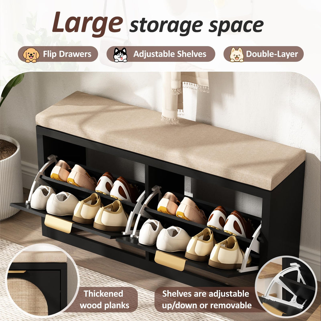 Rattan Narrow Entryway Bench with Shoe Storage, 2 Flip Drawers & Coat Rack, Mid-Century Modern Wood Shoe Cabinet with