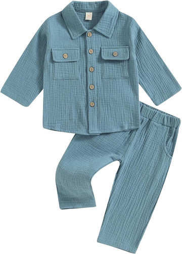 Toddler Boy Linen Outfit Baby Boy Fall Winter Clothes Set Button-Down Shirt Tops Cotton Linen Pants 2PCS