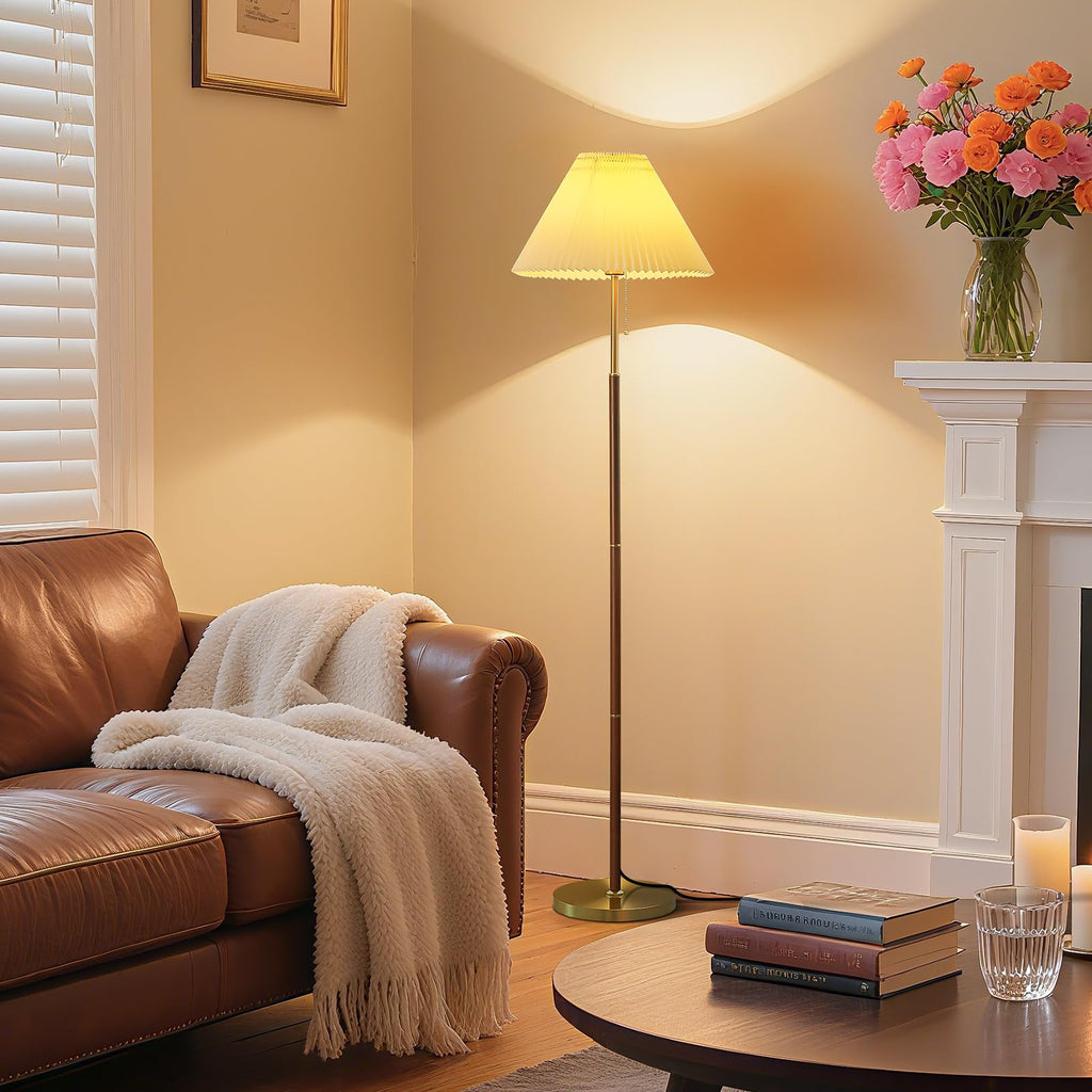 Pleated Lampshade Tall Floor Lamp Corner Bedroom Bedside Office, Brown Pole Lamp, Bright 12W Dimming Reading Light