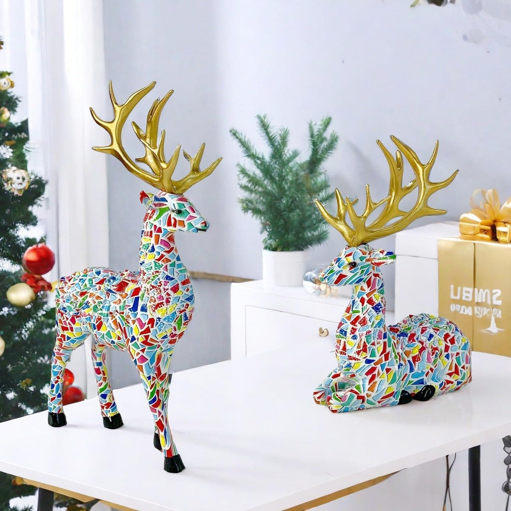 Christmas Reindeer Figurine Set of 2 - 11-inch Reindeer Christmas Party Decorations - Mosaic Painted Luxury Style