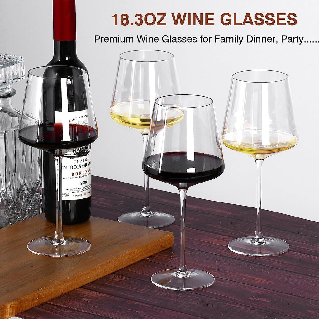 Wine Glasses Set of 4- Hand Blown Crystal, 18 oz Modern Glasses with Tall Stem for Red White Wine, Great Gift