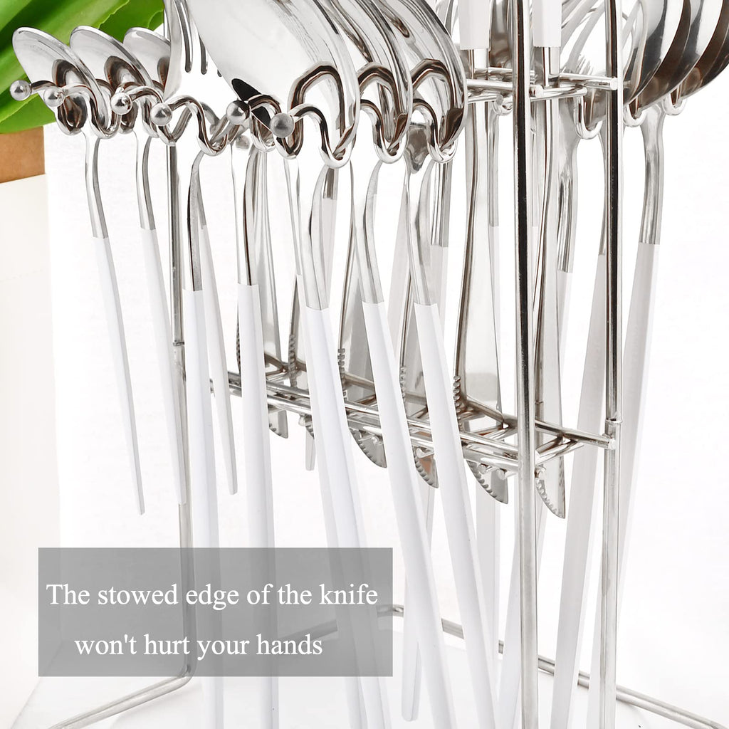 White Silver 24Pcs Flatware Set With Stand, Lightweight Dinnerware Set Stainless Steel Cutlery With White handles