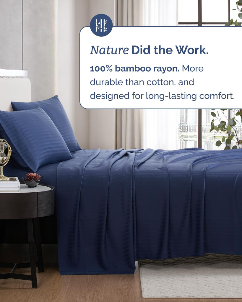 100% Rayon Derived from Bamboo - Bed Sheets Set Queen - Navy Blue Sateen