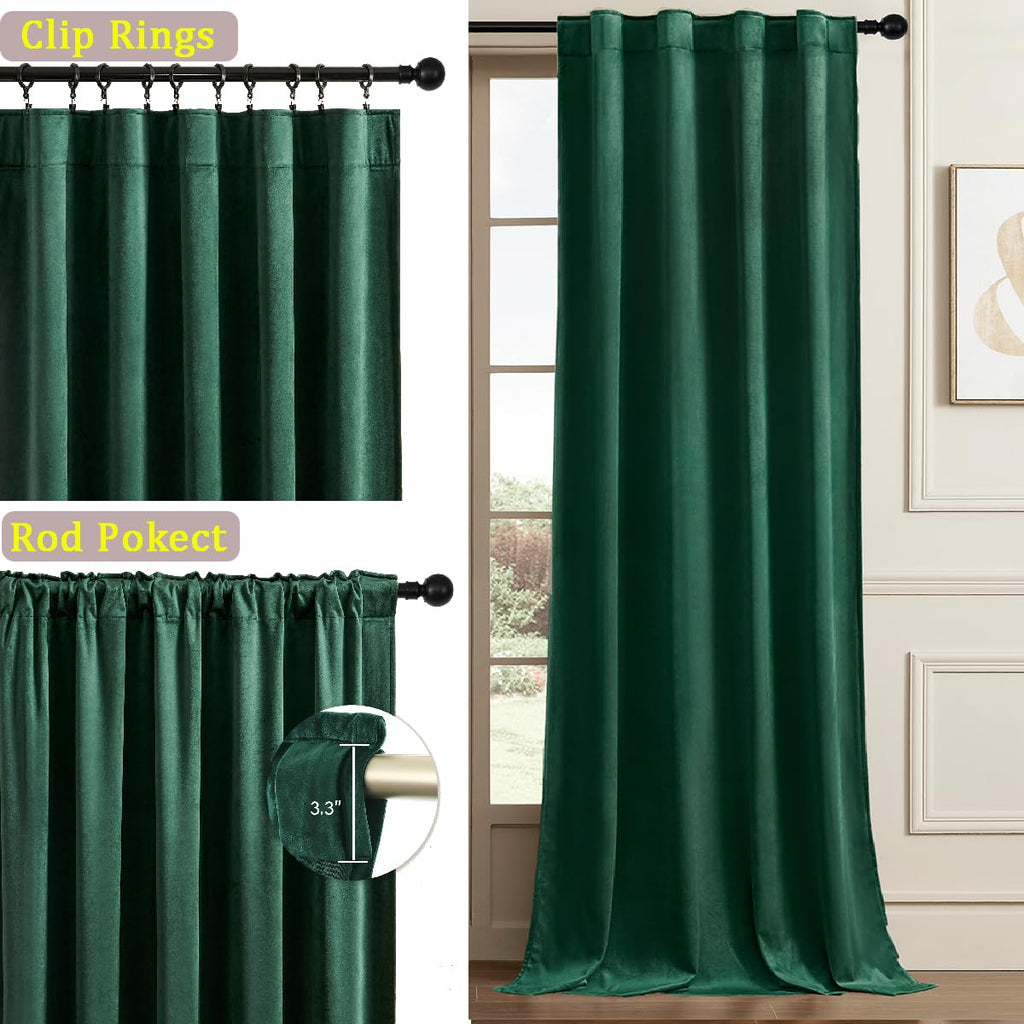 Dark Green Velvet Blackout Curtains 42x96 inches, 2Pcs, Back Tab