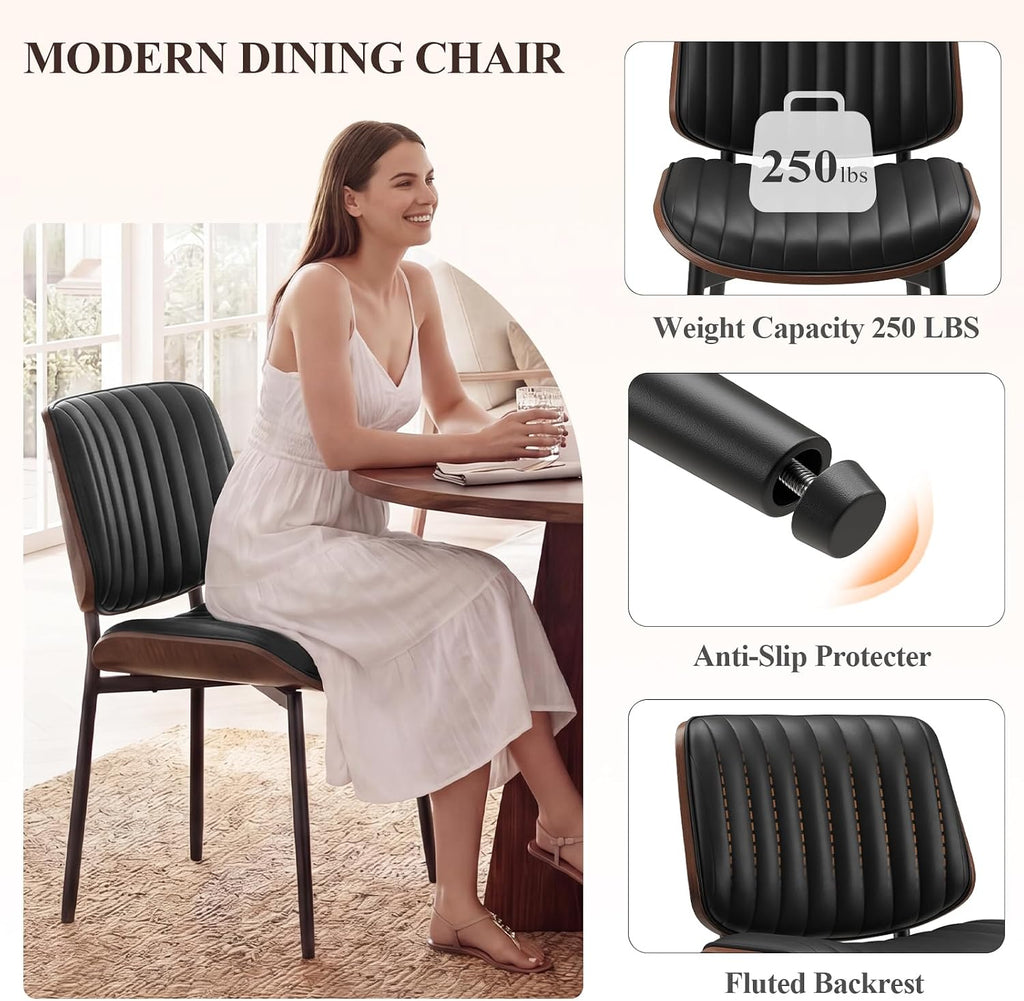 Leather Dining Chairs Set of 2, Modern Upholstered Dining Room Kitchen Chairs with Metal Legs and Wooden Back Support