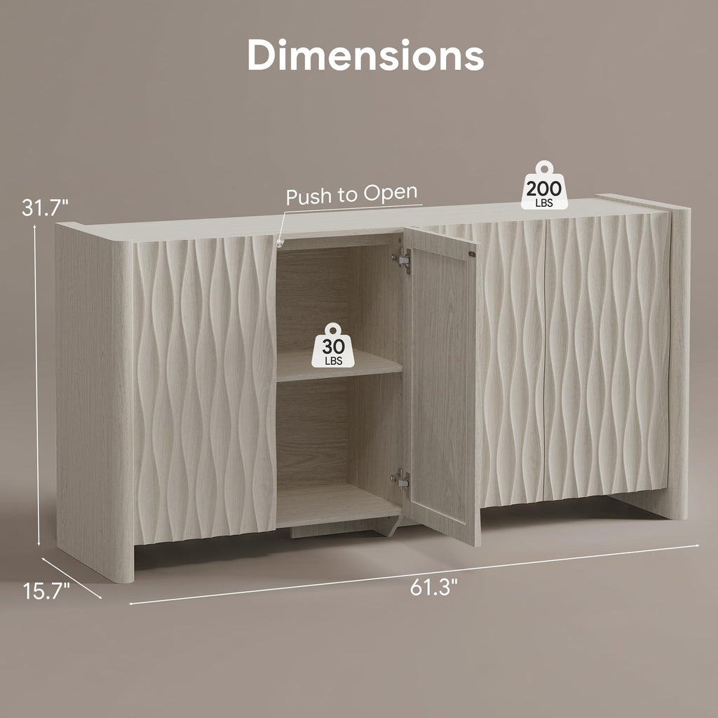 61" Textured Wave Sideboard Buffet Cabinet with Storage, Off White