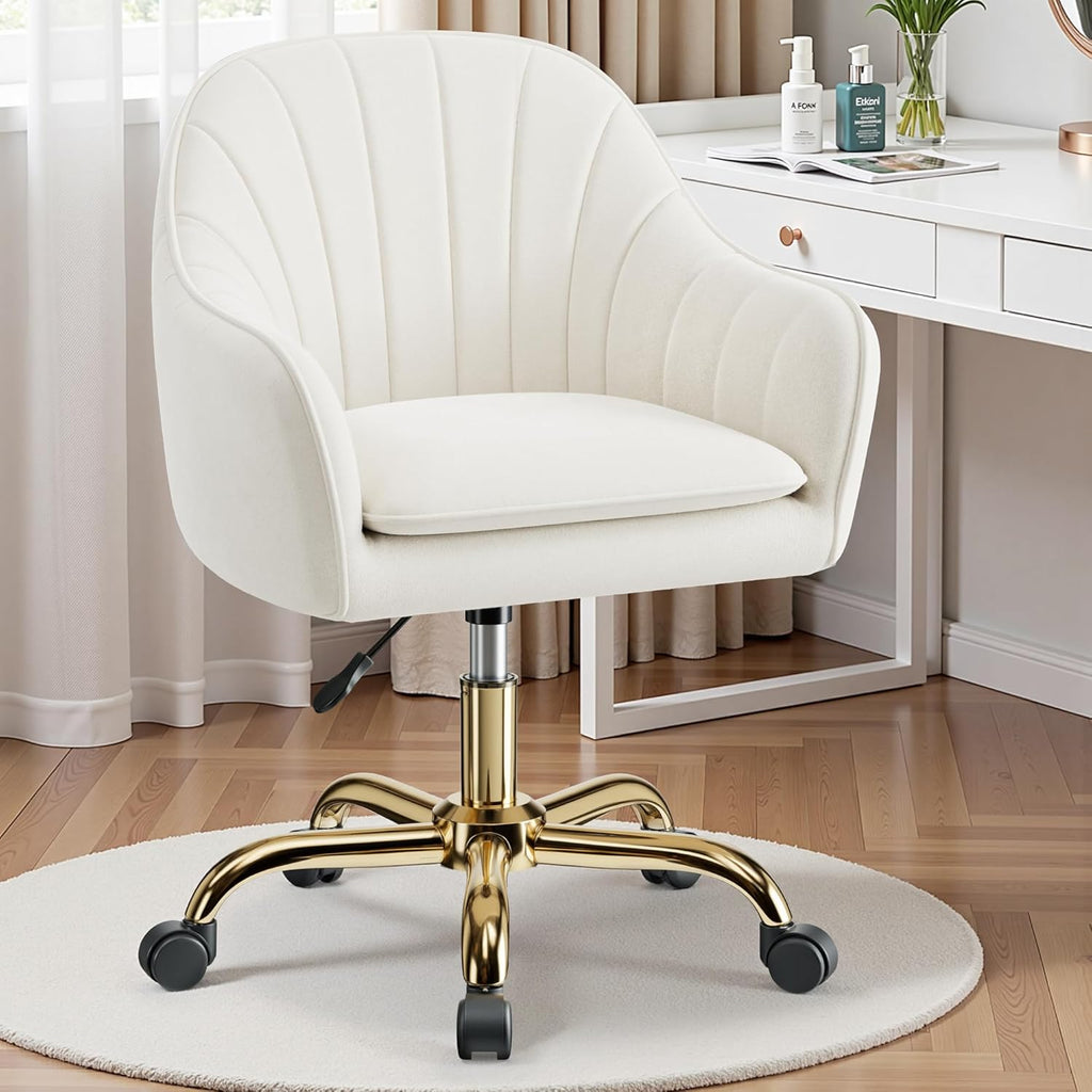 Vanity Chair with Wheels, Comfy Home Office Desk Chairs Adjustable Modern Velvet Makeup Vanity Chairs for Bedroom