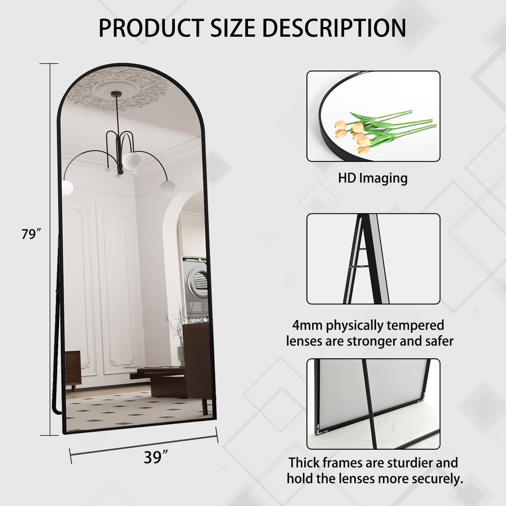 79" x 39" Arched Full Length Mirror with Stand, Black Floor Mirror