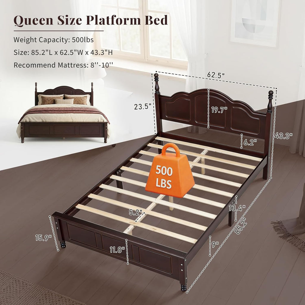 Vintage Queen Wood Bed Frame, Traditional Solid Wood Platform Bed with Retro Style Headboard, Traditional Town Style