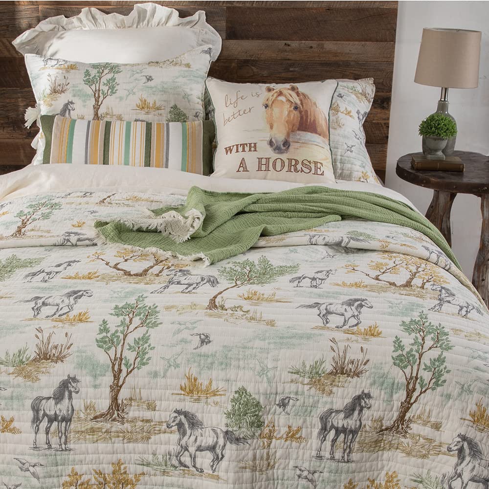 Graystone Meadow Full/Queen Quilt, Horse Toile Western Bedding, Reversible Cotton Bedspread, Green Gray Taupe Tan