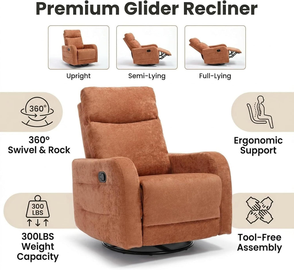 360° Swivel Glider Rocker Recliner Chair, Manual Reclining Fabric Lounge Chair with Side Pull Handle, Upholstered