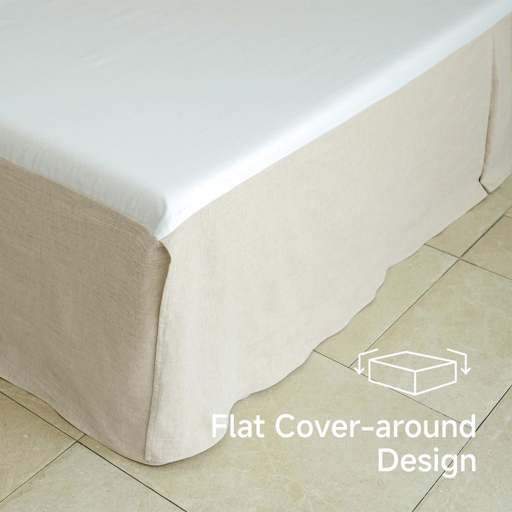 French Linen Bed Skirt with Classic 14 inch Drop Dust Ruffle, Tailored Draped Natural Flax Cotton Blend Basic Dust