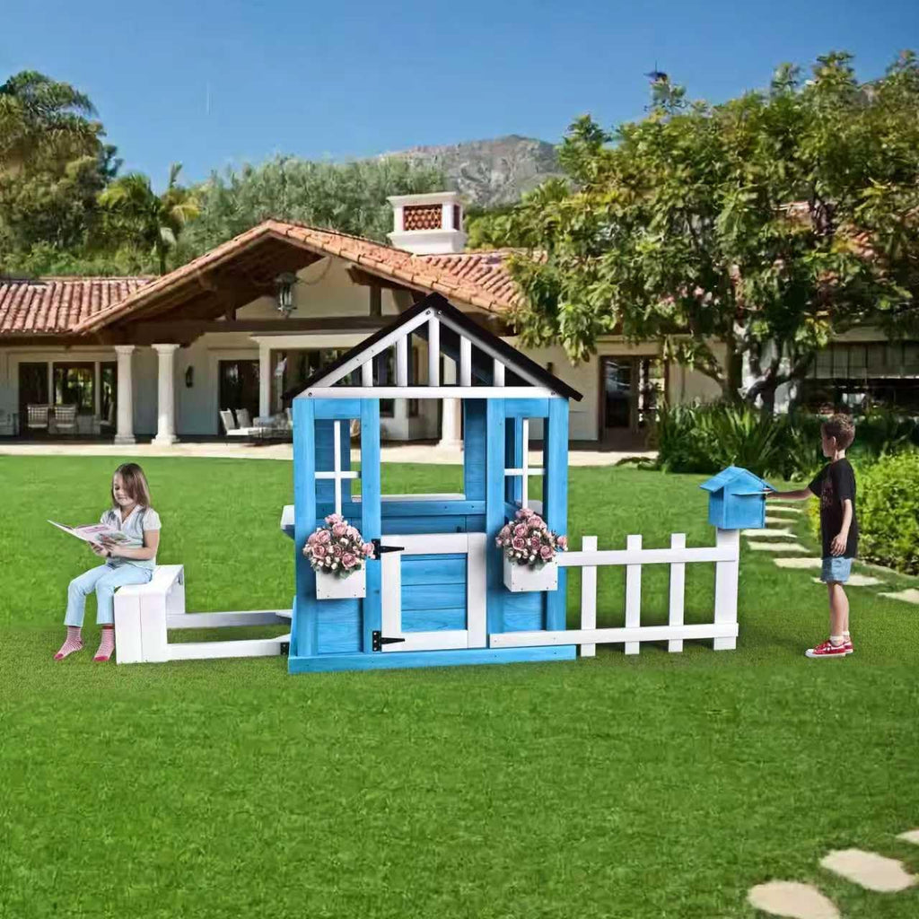 Playhouse for Kids Wooden, Play House for Kids Ages 3-8,with Play Kitchen, Half Door, Windows (Blue)