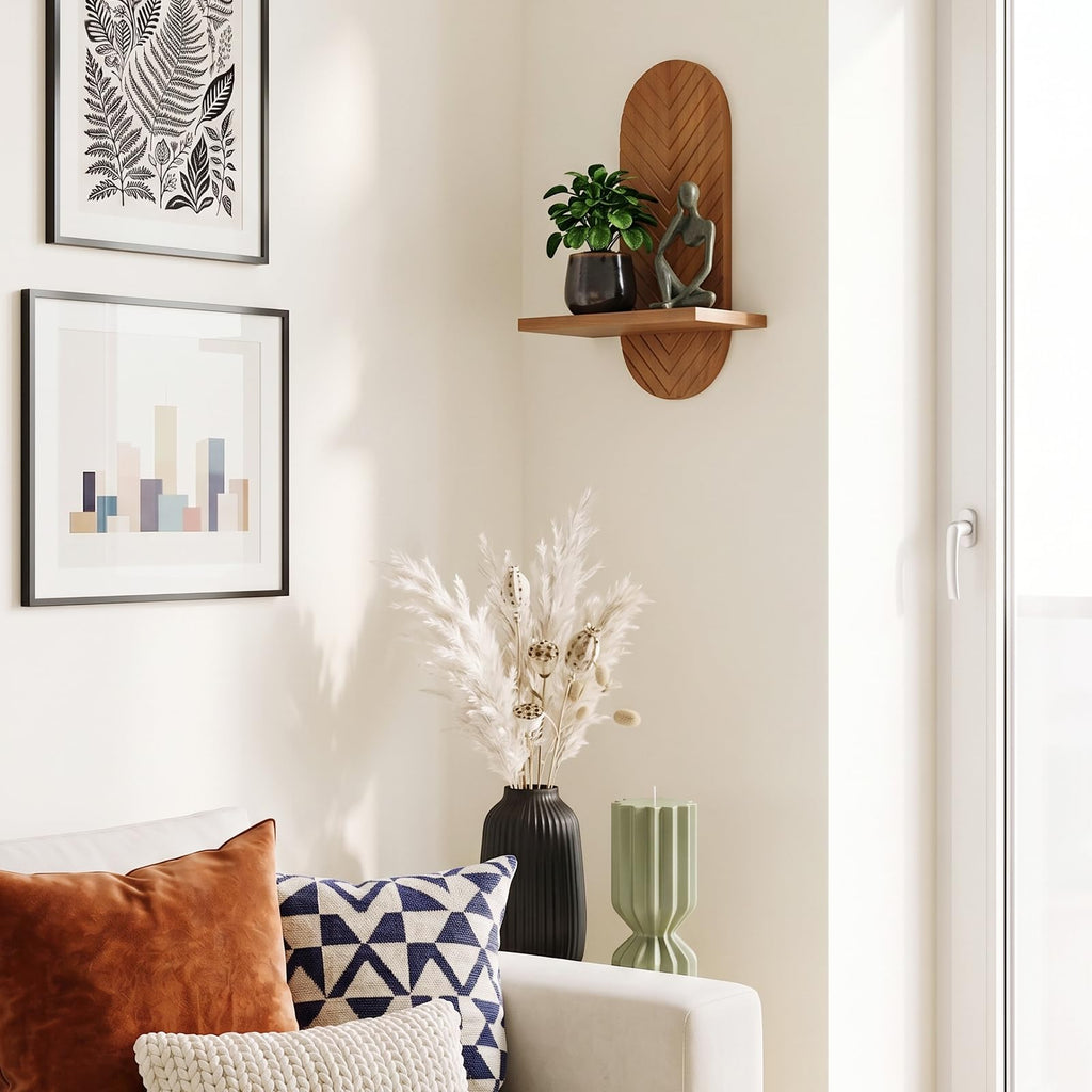 Boho Wall Decor Plant Shelf, 2-Pack Wood Floating Shelves for Wall, Oak