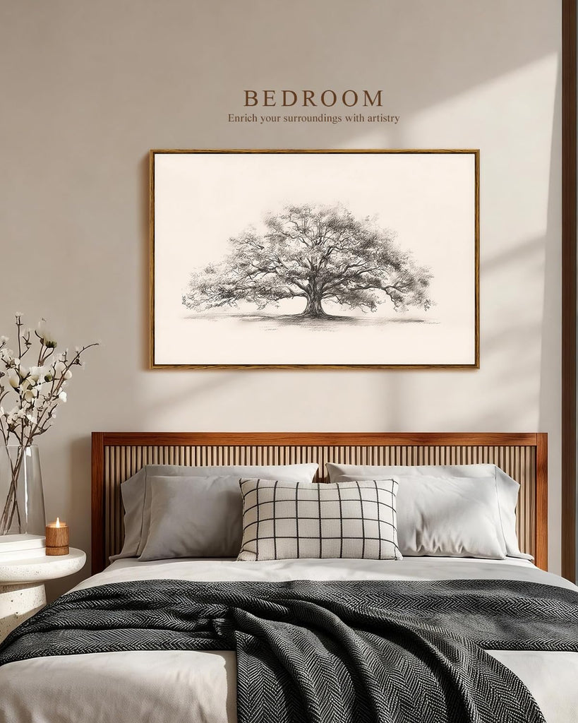 Large Vintage Wall Art, Sketch Tree Landscape Painting, 24x36Inch