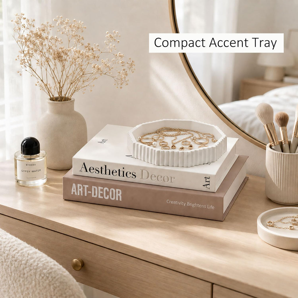 Decorative Concrete Tray & Linen Faux Book Box Set, Scalloped Coffee Table Tray with Hidden Storage, Beige Modern