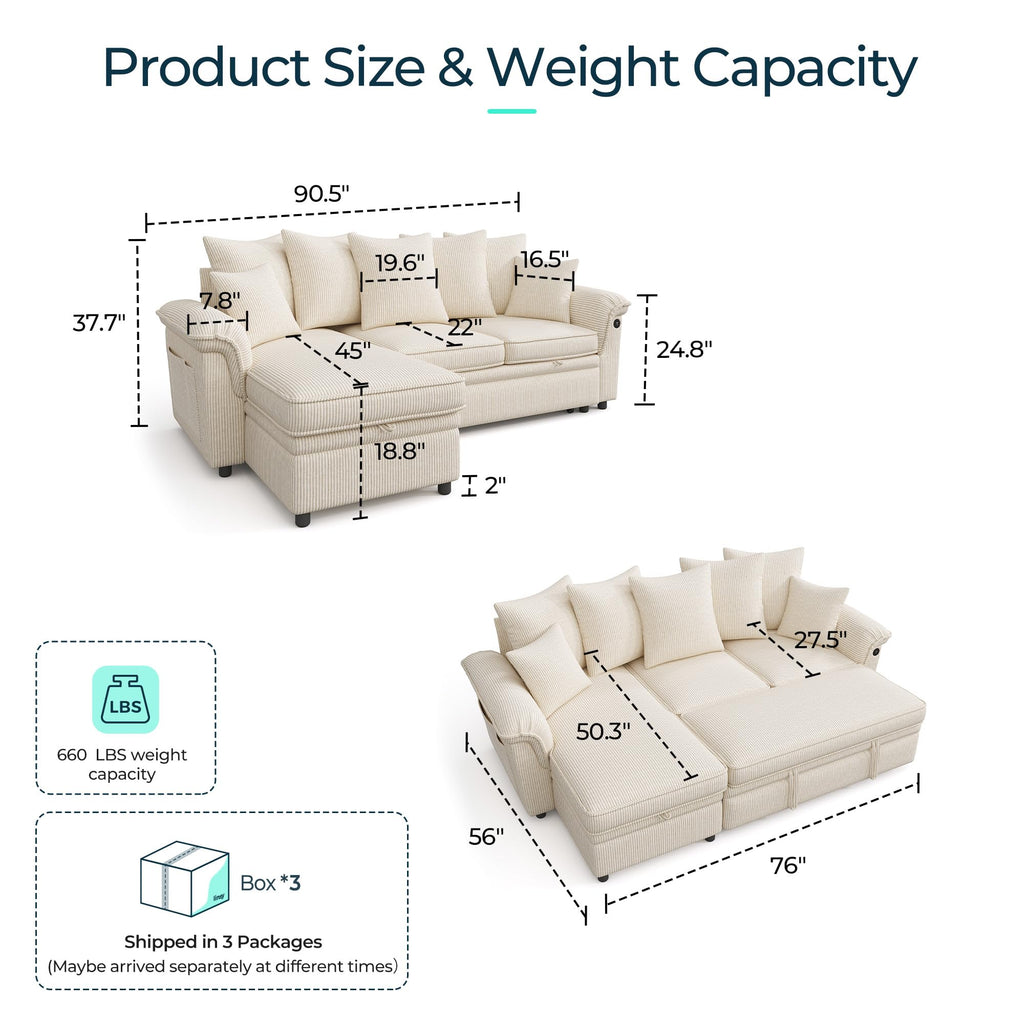 Sectional Couch with Pull Out Bed, Large Corduroy Modular Sleeper Sofa, Storage Chaise, Wide Armrest, 90" 3 Seats