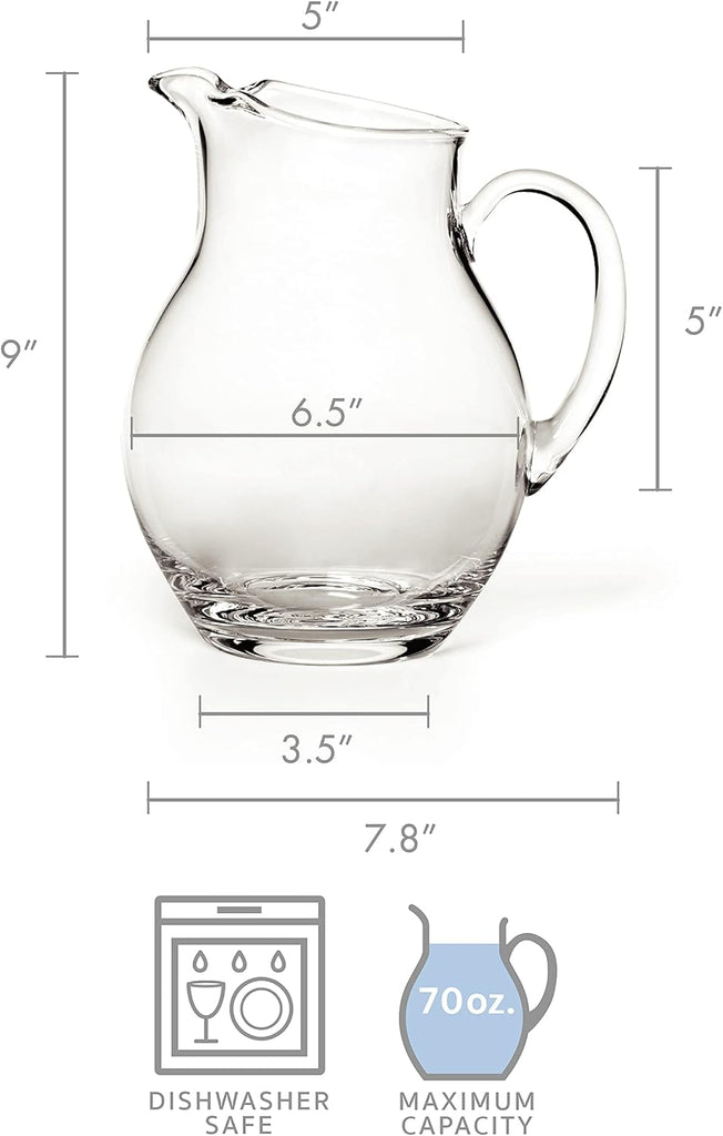 Napoli Glass Pitcher, 70 oz - Large Glass Water Pitcher with Spout for Serving Water, Juice, Sangria, Lemonade and