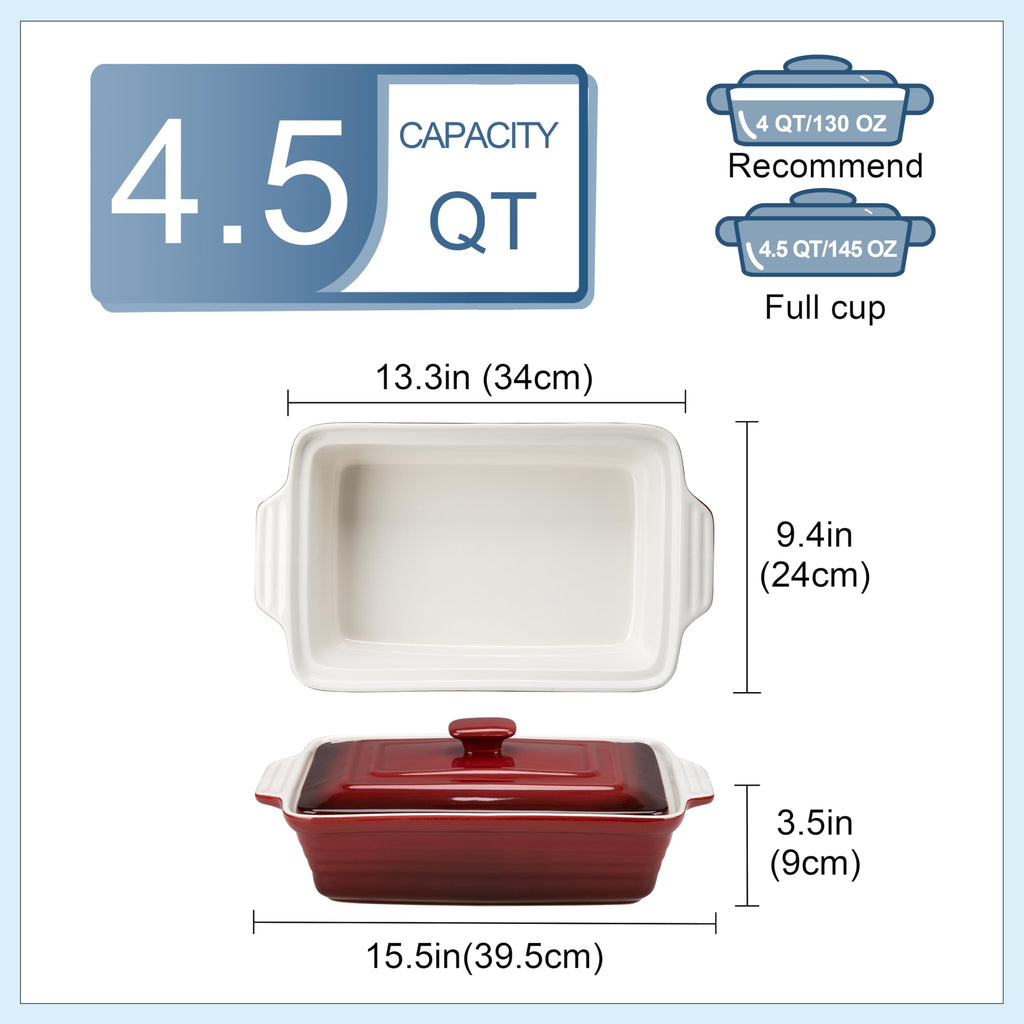 4.5 Quart Ceramic Casserole Dish with Lid - Oven, Microwave & Dishwasher Safe Bakeware for Family Meals, Lasagna