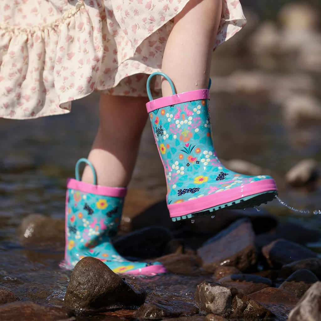 Toddler Rain Boots, Kids Rain Boots Waterproof Rubber Boots for Girls and Boys with Fun Patterns and Easy-On Handles