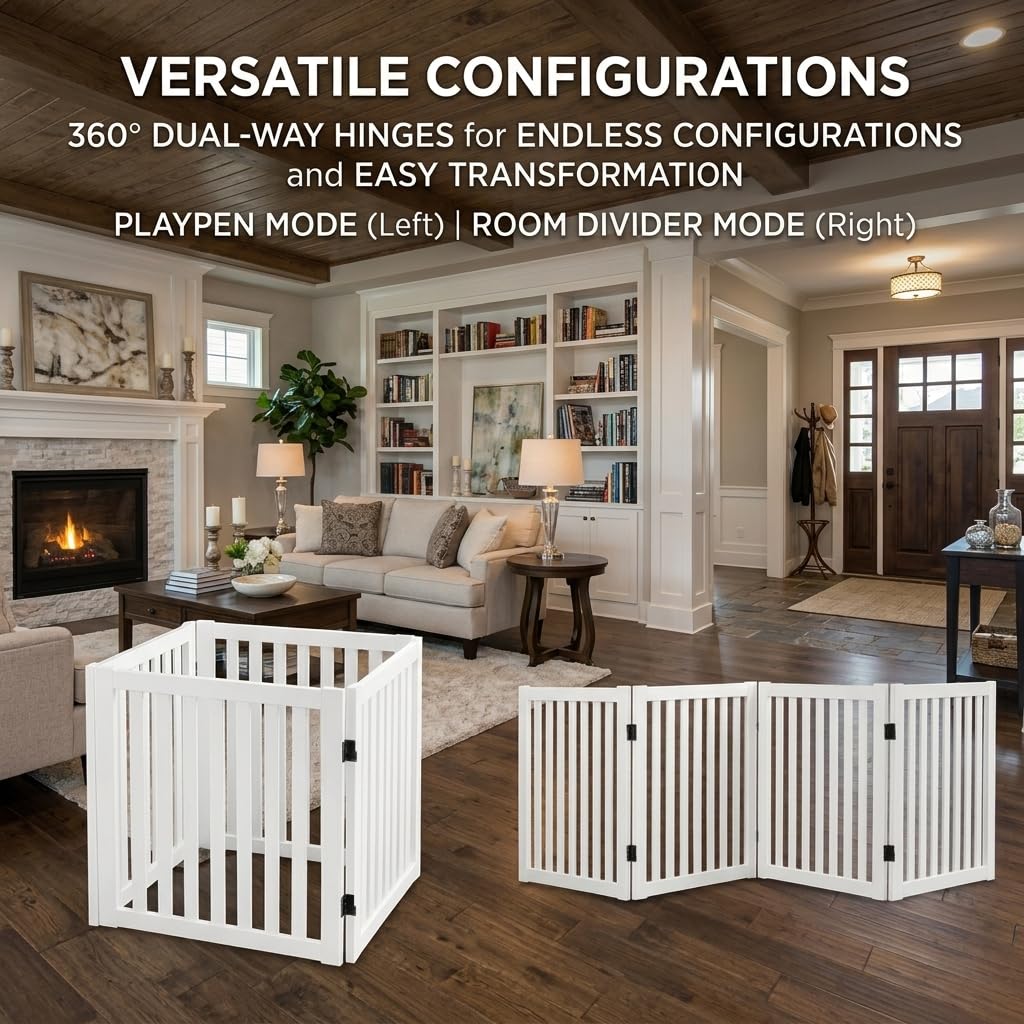 Wooden Freestanding Dog Gate, Expandable Dog Gate, Indoor Pet Fence