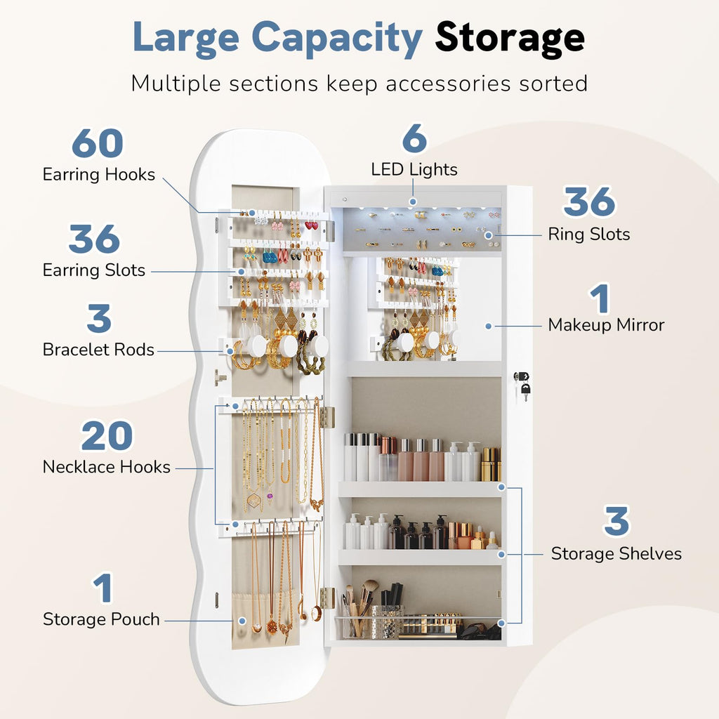 Wavy Mirror Jewelry Cabinet, Hanging Jewelry Organizer, White